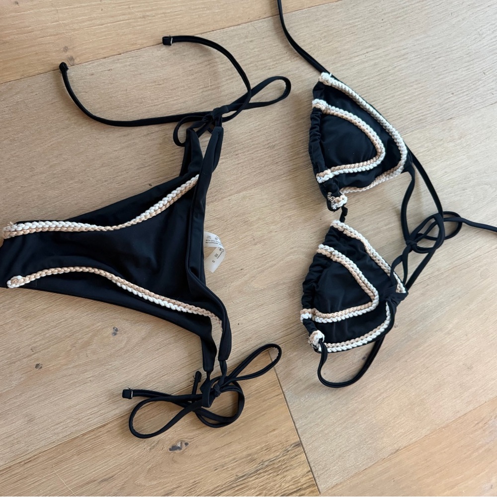 Black Braided-Trim Triangle Bikini Set